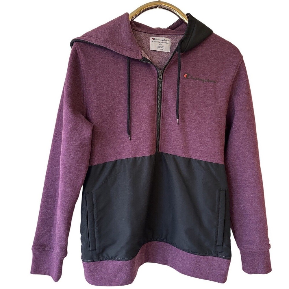 Champion Hoodie Mens M Purple Black Half Zip Colorblock Fleece‎ Sweatshirt
